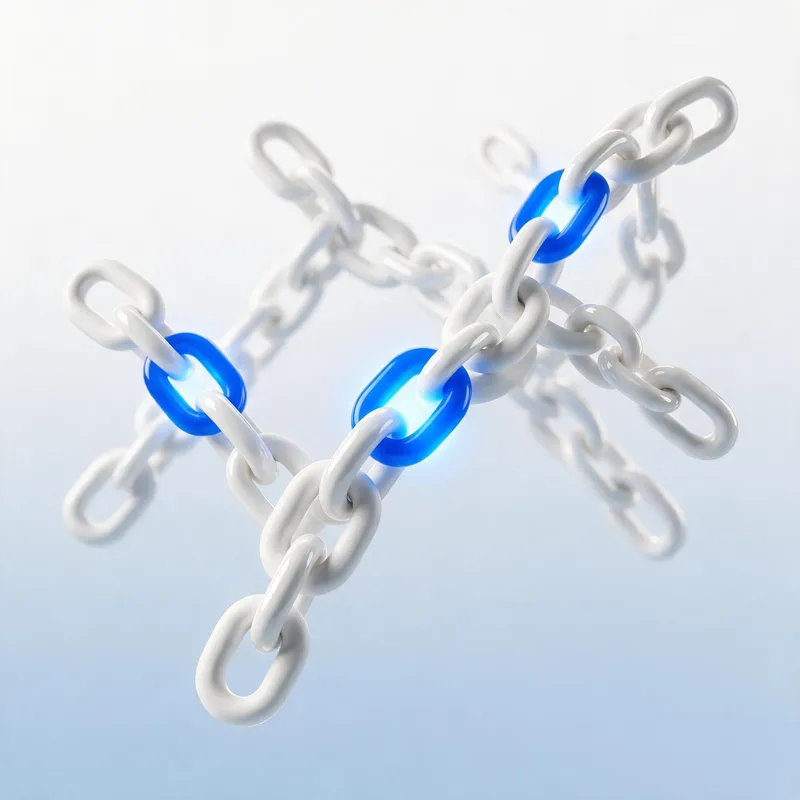 Illustration 3D d'un réseau de liens (backlinks) interconnectés, symbolisant une stratégie de netlinking SEO