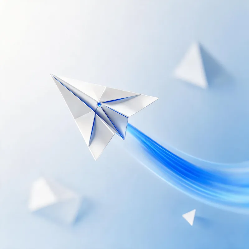 Illustration 3D d'un avion en papier partant d'une enveloppe vers une cible, symbolisant une campagne de cold email B2B ciblée