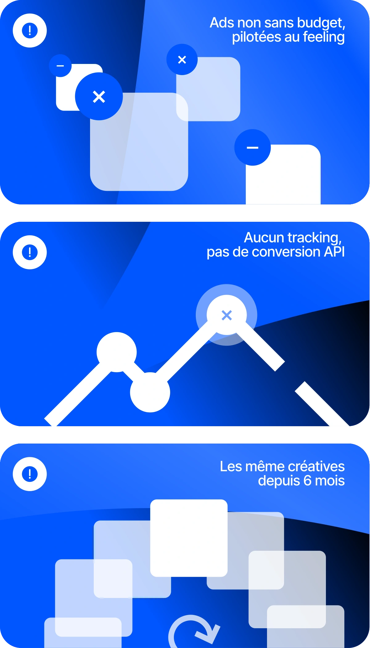 Ads pilotées au feeling, aucun tracking ni conversion API, mêmes créatives depuis 6 mois