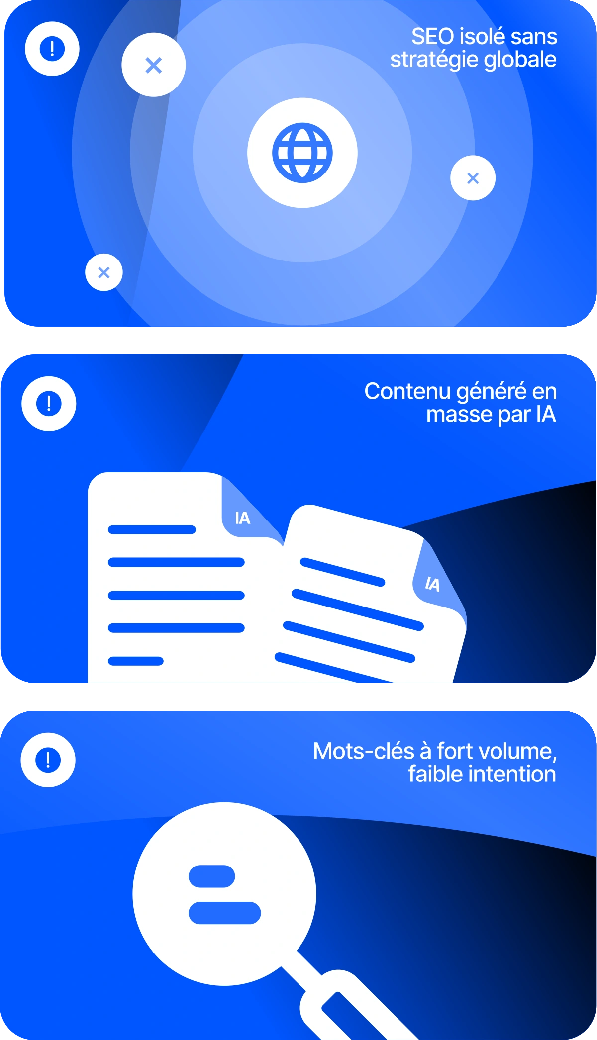 SEO isolé sans stratégie globale, contenu généré en masse par IA, mots-clés à fort volume mais faible intention