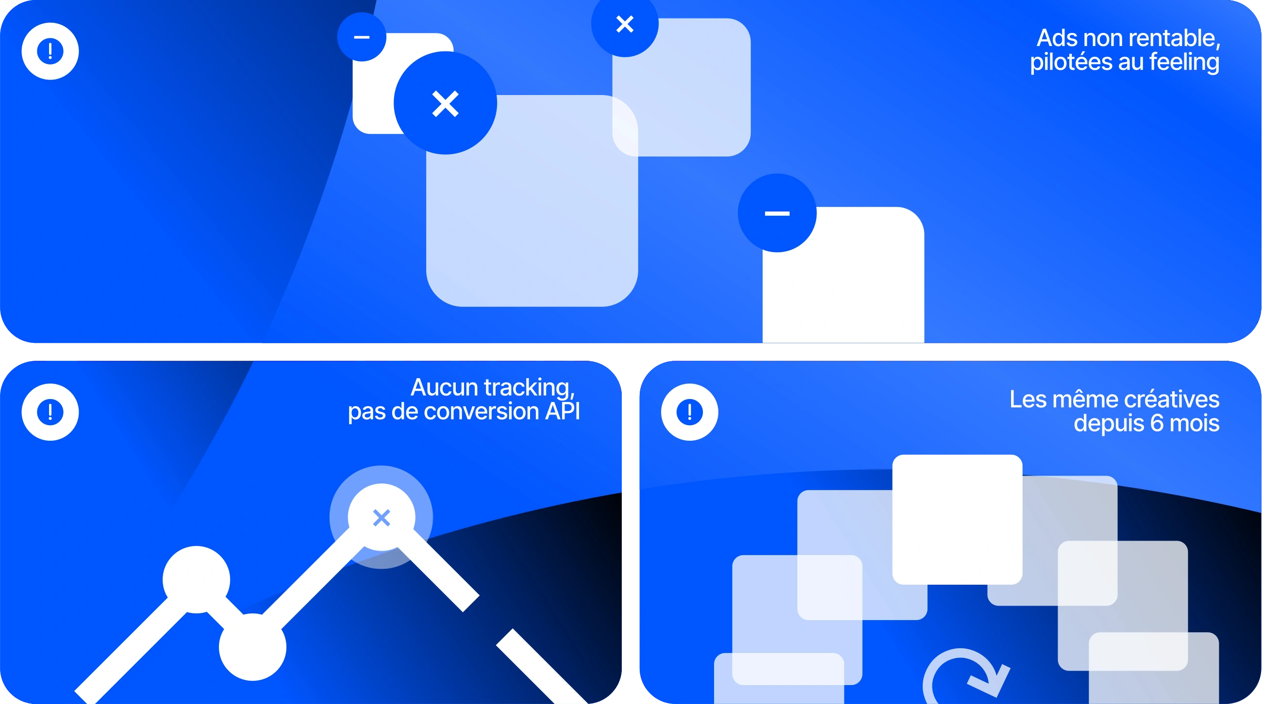 Ads pilotées au feeling, aucun tracking ni conversion API, mêmes créatives depuis 6 mois