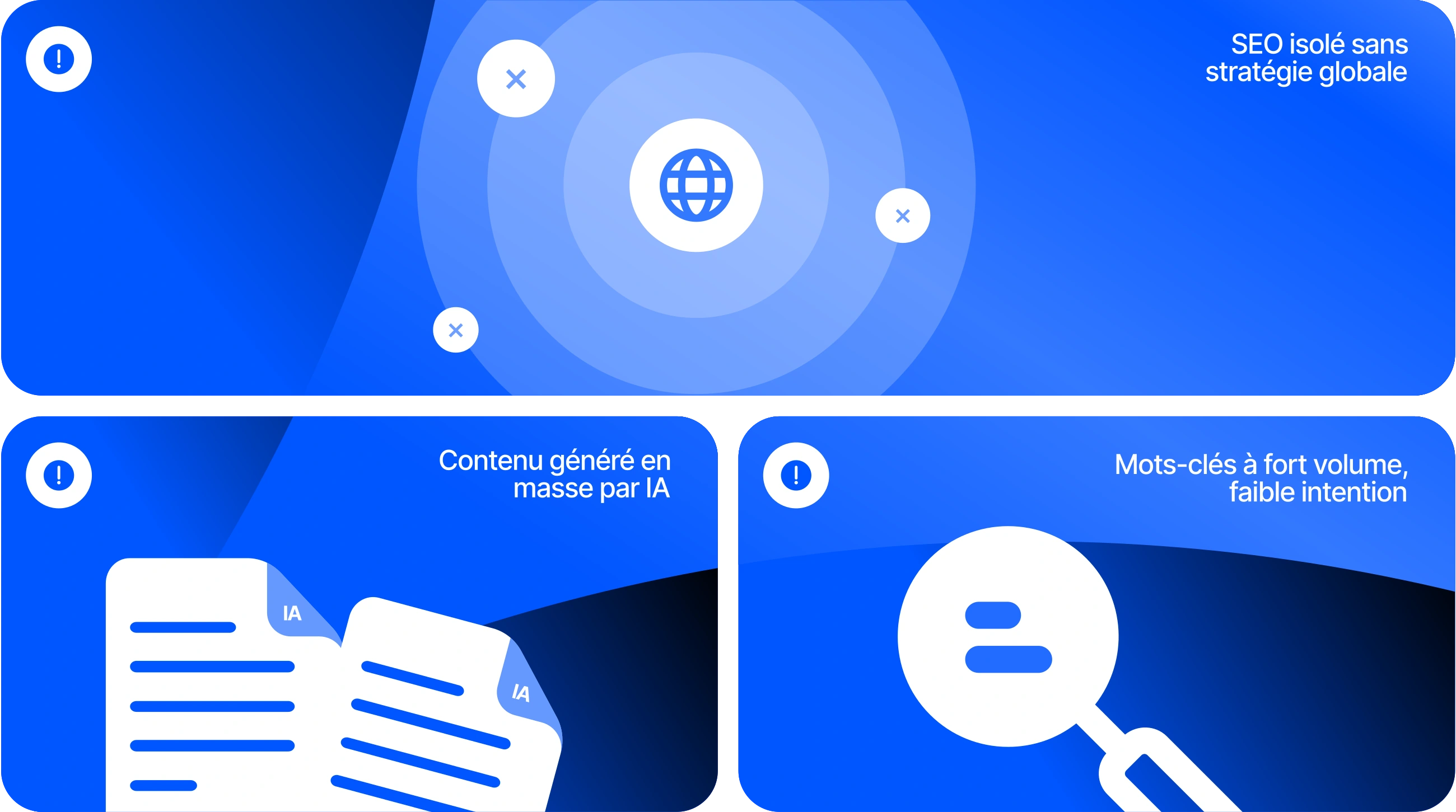 SEO isolé sans stratégie globale, contenu généré en masse par IA, mots-clés à fort volume mais faible intention