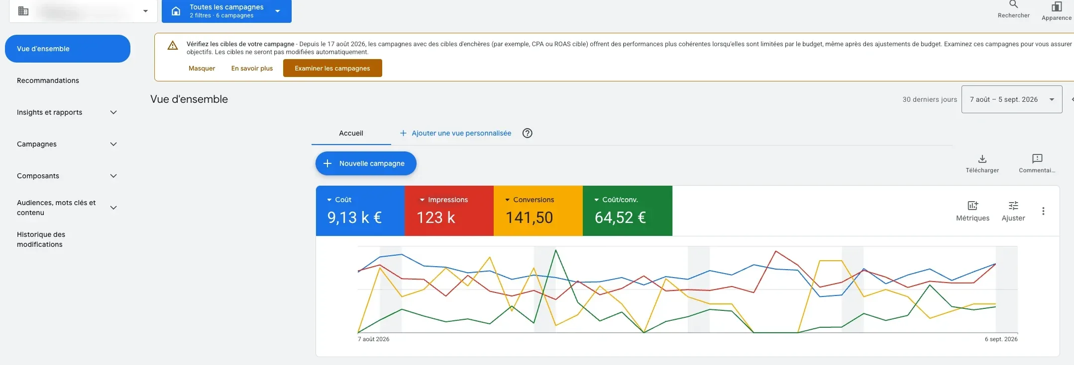 Vue d'ensemble Google Ads : 9 130 € investis, 123 000 impressions, 141 conversions, 64,52 € par conversion